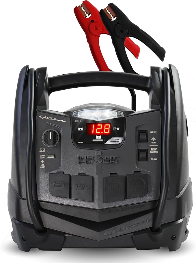Schumacher Electric 1200A Car Battery Jump Starter and Portable Power Station, 6-in-1 Solution for 12V Batteries, 150-PSI Air Compressor, 200 Continuous/400 Peak Watt Inverter, SJ1332