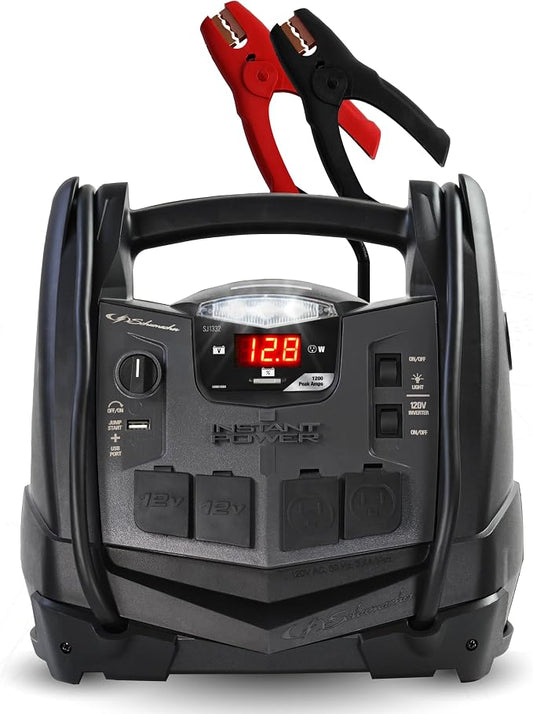 Schumacher Electric 1200A Car Battery Jump Starter and Portable Power Station, 6-in-1 Solution for 12V Batteries, 150-PSI Air Compressor, 200 Continuous/400 Peak Watt Inverter, SJ1332