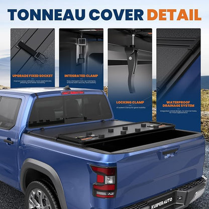 KUIPERAUTO 5FT Aluminum Tri Hard Truck Bed Tonneau Cover Compatible for Nissan Frontier 2005-2026 Bed On Top 60Inch