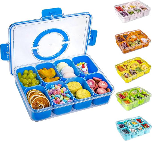 WACOI Divided Snack Serving Tray with Lid and Handle Travel Snackle Charcuterie Container Portable Storage Organizer for Candy, Fruits, Nuts, Snacks, Party, Picnic (1pack, Cerulean)