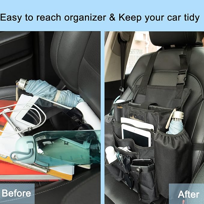 ECWKVN Car Front & Back Seat Organizer with Dedicated Tablet/Laptop Compartment, Passenger Seat File Storage with Cup Holder, Adjustable Backrest, and Padded Shoulder Strap