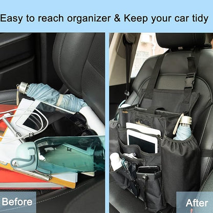 ECWKVN Car Front & Back Seat Organizer with Dedicated Tablet/Laptop Compartment, Passenger Seat File Storage with Cup Holder, Adjustable Backrest, and Padded Shoulder Strap