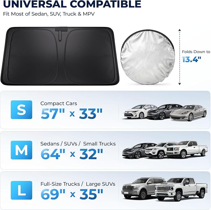 DMJN Front Windshield Sun Shade for Universal Small Size, [Nano Ice-Crystal Coatings] UPF50+ Heat & UV Block, Protect Car Interior & Keep Cool, Flodable Steel-Ring Car Cover for Summer