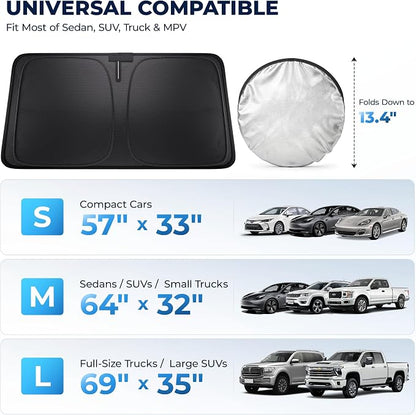 DMJN Front Windshield Sun Shade for Universal Large Size, [Nano Ice-Crystal Coatings] UPF50+ Heat & UV Block, Protect Car Interior & Keep Cool, Flodable Steel-Ring Car Cover for Summer