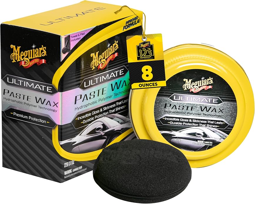 Meguiar's Ultimate Paste Wax, Premium Car Wax for a Deep Gloss with Lasting Protection, Easy to Apply and Remove, Clear Coat Safe, Microfiber Towel and Applicator Included, 8 Oz Paste
