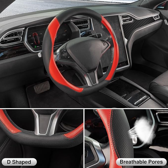 SEG Direct D Shaped Steering Wheel Cover, Flat Bottom Car Wheel Cover 14 1/2-15 in. (37-39 cm), Black and Red Microfiber Leather