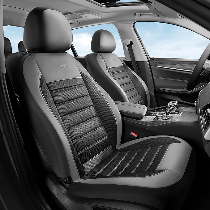 Coverado Car Seat Covers Front Seats, Luxury Leather Car Seat Covers, Automotive Mesh Seat Covers 2 Pack, Airbag-Compatible, Black Gray Seat Covers for SUV Sedan Truck