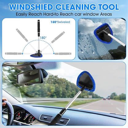 Windshield Cleaner Tool, Car Interior Cleaning Kit with Extendable Handle and 3 Reusable Microfiber Pads, Auto Glass Wiper and Detailing Brush Kit for Car & Home Window, Blue
