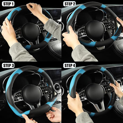 Leather Auto Car Steering Wheel Cover Anti-Slip Heavy Duty, Elegant, Non-tonix, Universal 15 Inch, Black&Blue