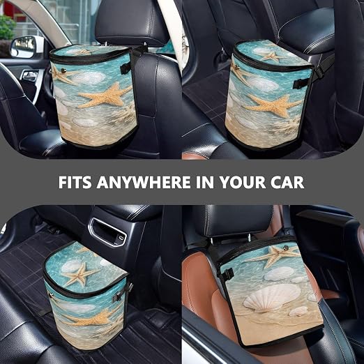 senya Car Trash Can Car Garbage Can Car Waste Basket,Starfish Seashell on Beach Leak-Proof Car Trash Bin, Car Trash Hanging Car Accessories Interior Car Organizer Bag