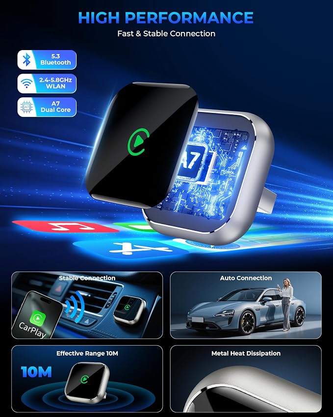 Wireless CarPlay Adapter for Apple iPhone - Upgrade Wired CarPlay to Wireless Device, Mini T-Shaped for Car USB Plug and Play Auto Reconnect, for GPS Navigation Audio Satellite Radio Equipment