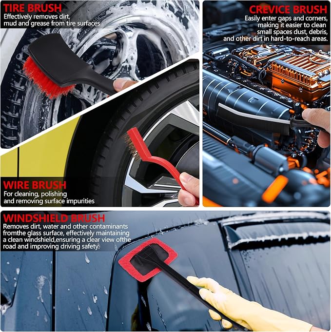 32Pcs Red Car Detailing Kit – Brush Set & Cleaning Kit with Drill Brush, Polishing/Waxing Pads, Interior/Exterior Tools for Wheels & Windshield – Portable Handbag