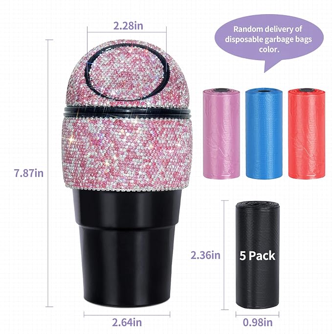 eing Car Trash Can Bling Crystal Auto Mini Trash Bin for Car Office Home Women,Car Cup Holder Garbage Can with Lid and 5 Pack Disposable Garbage Gag, Pink