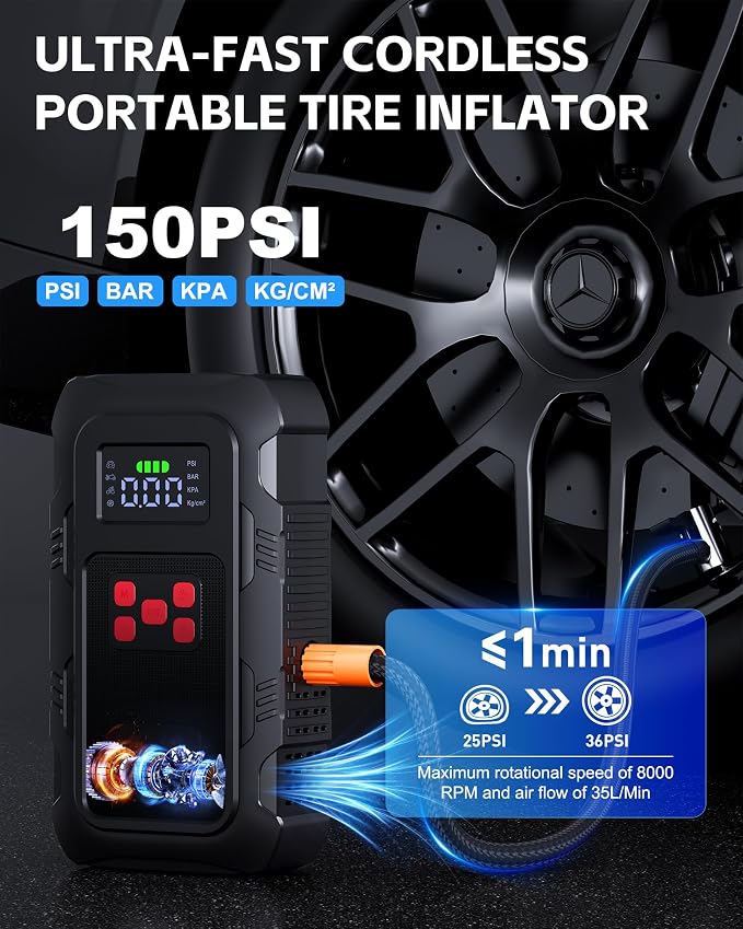 5000A Jump Starter with Air Compressor, Portable Car Battery Jump Starter with 150 PSI Tire Inflator for Up to 10.0L Gas and 8.0L Diesel Engines, 12V Jump Box with LCD Display