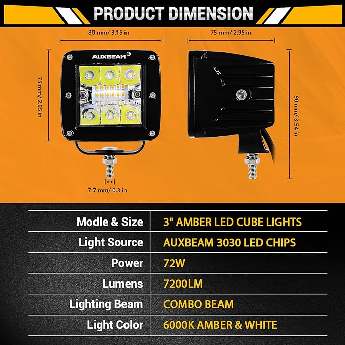 Auxbeam 3 Inch 72W LED Cube Light Bar Amber/White Work LED Pod Lights Off-Road Driving Lights for Truck SUV Boat 4x4 Jeep Wrangler (Six Modes Lighting)