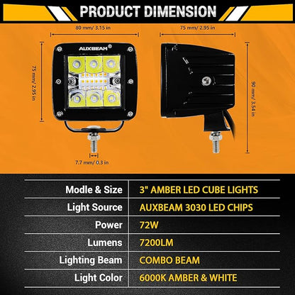 Auxbeam 3 Inch 72W LED Cube Light Bar Amber/White Work LED Pod Lights Off-Road Driving Lights for Truck SUV Boat 4x4 Jeep Wrangler (Six Modes Lighting)