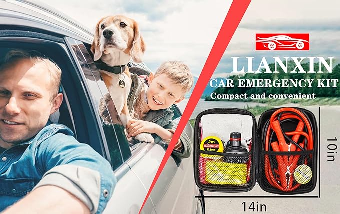 LIANXIN Emergency Car Kit with Jumper Cables Headlamp Car Safety Kits Pale | Roadside Car Emergency Kit Tow Straps, Tape Measure, Rainwear, Multi-tool Kit, Breakdowns Gifts for New Drivers