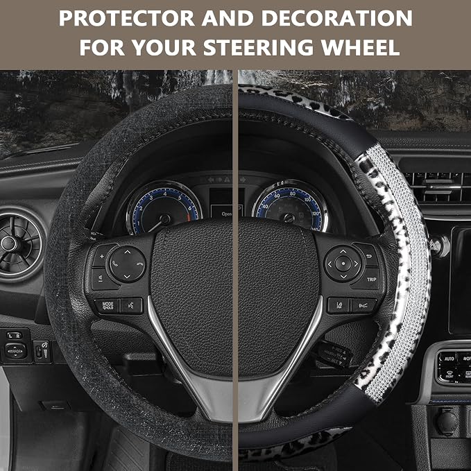 AUTOYOUTH Leopard Steering Wheel Cover - Bling Crystal Rhinestones Cheetah Print on Leather Non-Slip Breathable Design for Women/Girls Universal Fit 14.5-15 Inch(Black & Silver)