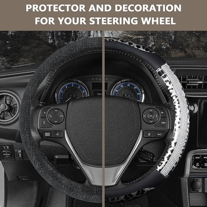AUTOYOUTH Leopard Steering Wheel Cover - Bling Crystal Rhinestones Cheetah Print on Leather Non-Slip Breathable Design for Women/Girls Universal Fit 14.5-15 Inch(Black & Silver)