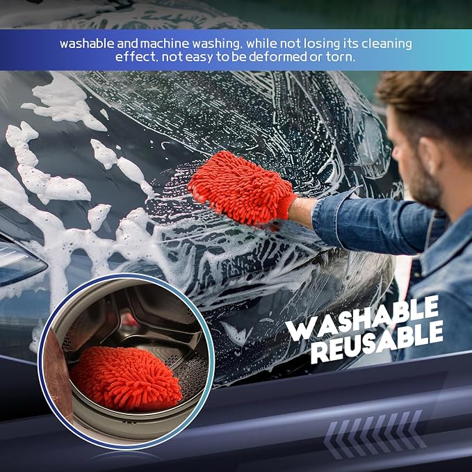 wuyaoyao 2PCS Car Wash Mitt, 10.14"×7.12" Chenille Microfiber Car Wash Mitts, Scratch-Free & Lint-Free, Absorbent Double Sided Clean Glove for Cars Cleaning, Auto Cleaning Supplies (Red)