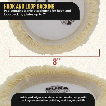 Dura-Gold 3 Pack of 8 100% Wool Hook & Loop Grip Buffing Pads with a 7" Flexible Edge Backing Plate - Compound Cutting, Polishing - Fits Auto Car Detailing Polisher Sanders - Paint, Boat