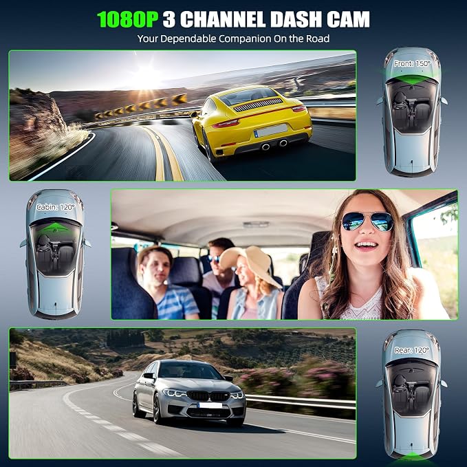 3 Channel Dash Cam Front and Rear Inside, 2.0'' 1080P Dash Camera for Cars, Dash cam Three Way Triple Car Camera with Super Night Vision,Wide Angle,Loop Recording, G-Sensor, 24 Hours Recording