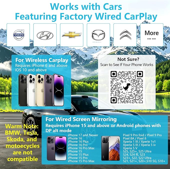 Wireless CarPlay Adapter with Screen Mirroring for Net-Flix YouTube TikTok, Auto-Connect, Local Media Playback，USB-A USB C Plug and Play,