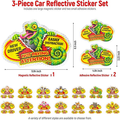 3 Pcs Reflective Student Driver Magnet and Stickers Set - Funny Animal New Driver Safety Signs for Car, Waterproof & Weatherproof High Visibility Vehicle Bumper Decals, Magnet + Stickers (Chameleon)