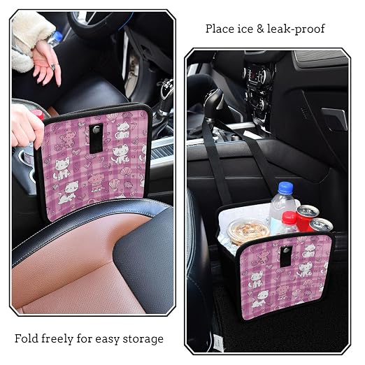 Car Trash Can Organizer Bin with Adjustable Strap for Back Front Seat Console Waterproof Leakproof Collapsible Portable 11 Inch Checkered Pink Kittens Hearts Shells