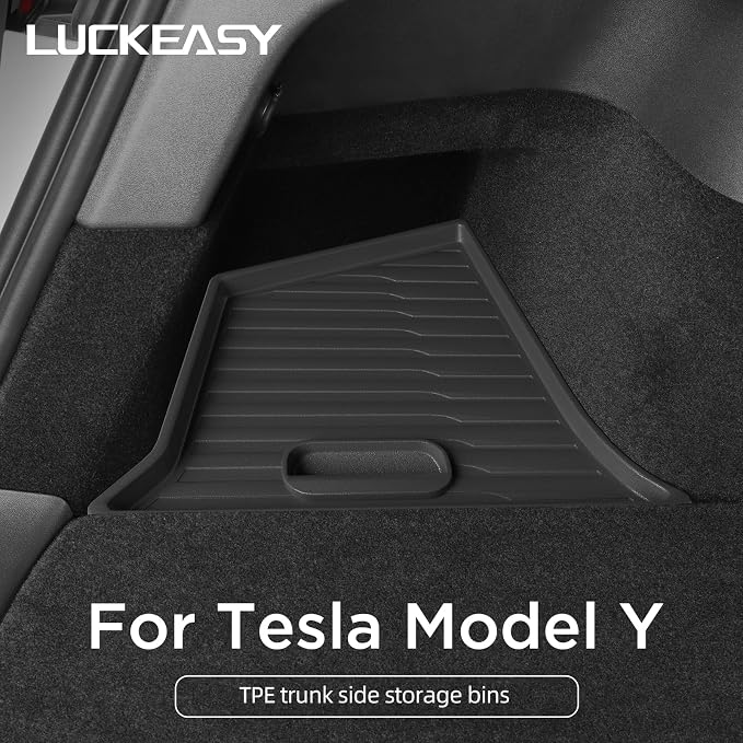 LUCKEASY 2PCS Trunk Storage Bins for Tesla Model Y 2022-2024 Gigafactory | Not Fit Juniper 2025+, Not Fit Fremont Builds, Trunk Organizer With Lids, Trash Cans, Car Accessories, TPE, Black