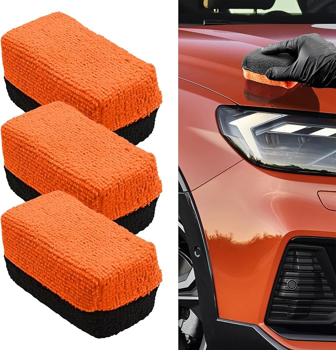 3PCS Premium Microfiber Applicator, Car Wash Sponge, Car Detailing Sponge Applicator, Universal Ceramic Coating Applicator Sponge Car Accessories for Car Paint, Metal, Plastic Trim, Glass