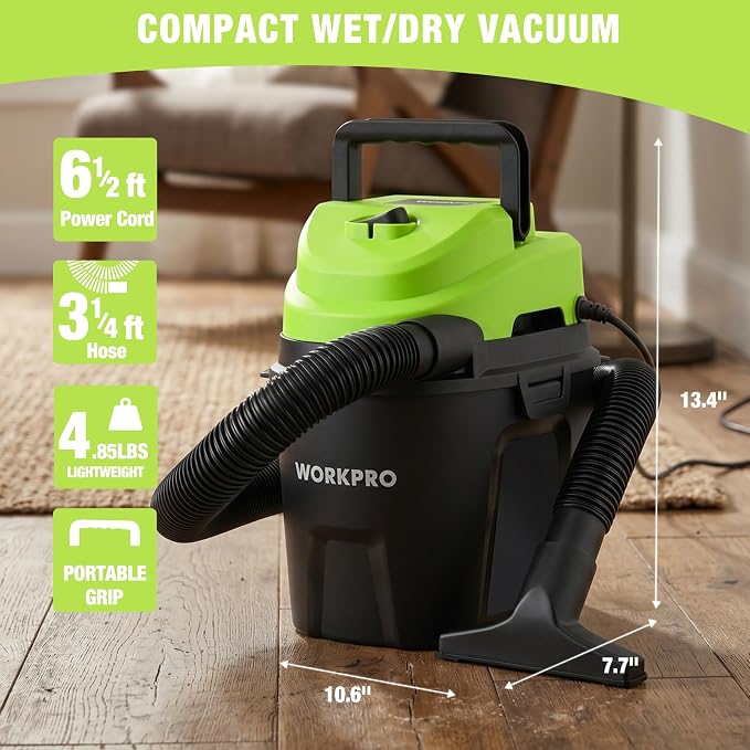 WORKPRO 1.5 Gallon Wet Dry Vacuum Cleaner, 2.5 Peak HP Portable Shop Vacuum with Powerful Suction, Lightweight Wet/Dry Vac for Car, Garage & Home Cleaning, Wall-Mount Storage
