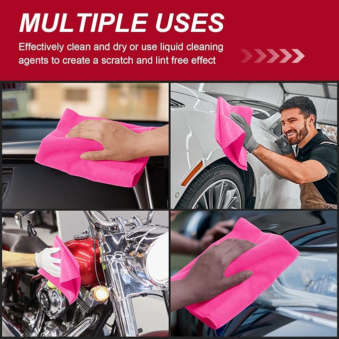 Oudain 200 Pcs Microfiber Cleaning Cloth 16x16 Inch Microfiber Towels for Car Ultra Absorbent Cleaning Rags Reusable Lint Free Streak Free Detailing Towel for Car Washing Drying Dusting (Pink)