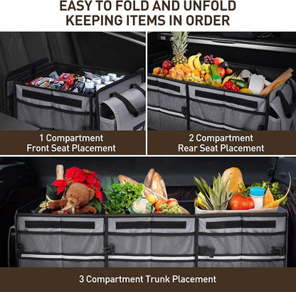 HIRALIY 4 in 1 Car Trunk Storage Organizer with Leakproof Cooler Bag, Multi-Compartment Foldable Trunk Storage Box for Car Truck SUV Gray