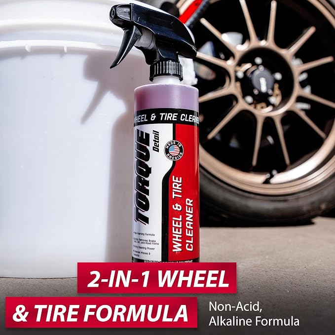 Torque Detail Wheel & Tire Cleaner 16oz - 2 in 1 Formula, Brightens & Cleans Brake Dust Rim Cleaner - Cleanses Tires To Restore Back To Like New Appearance - Professional Strength Car Detailing