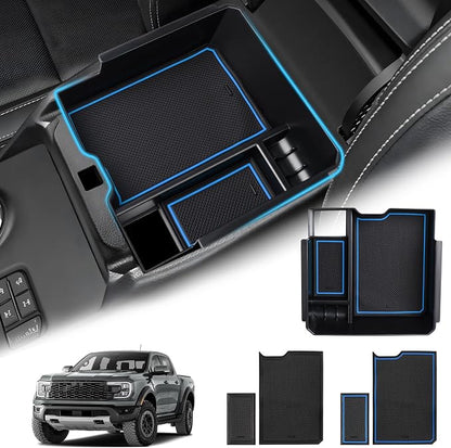 Sunsdrew Center Console Organizer Compatible with 2024-2026 Ford Ranger, Armrest Storage Box Insert with 2 Color Mats, Ford Ranger Accessories - ONLY FIT Electric Handbrake Version