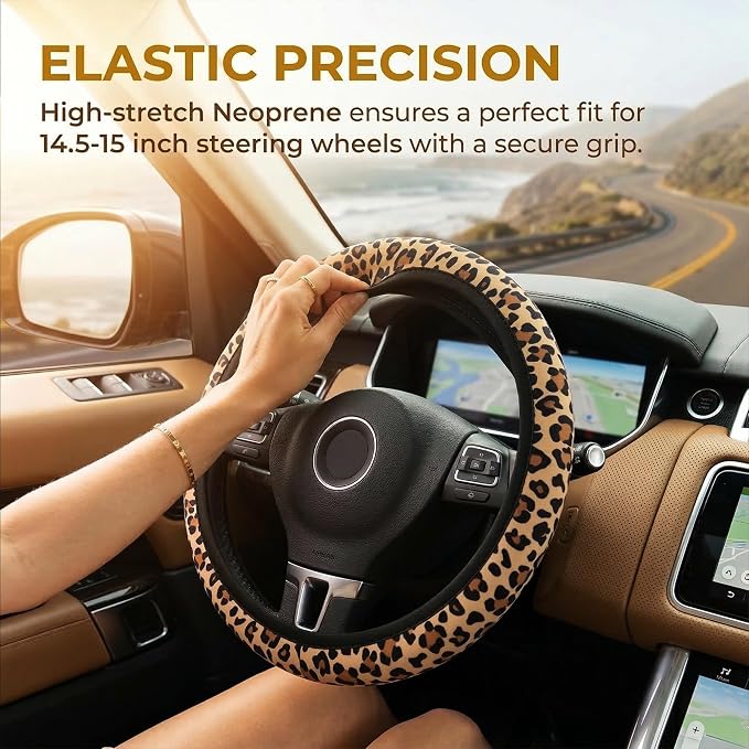 Leopard Cheetah Print Steering Wheel Cover 15 Inch + 2pc car Coasters | Universal Anti-Slip Breathable Animal Print Matching Set for Men Women