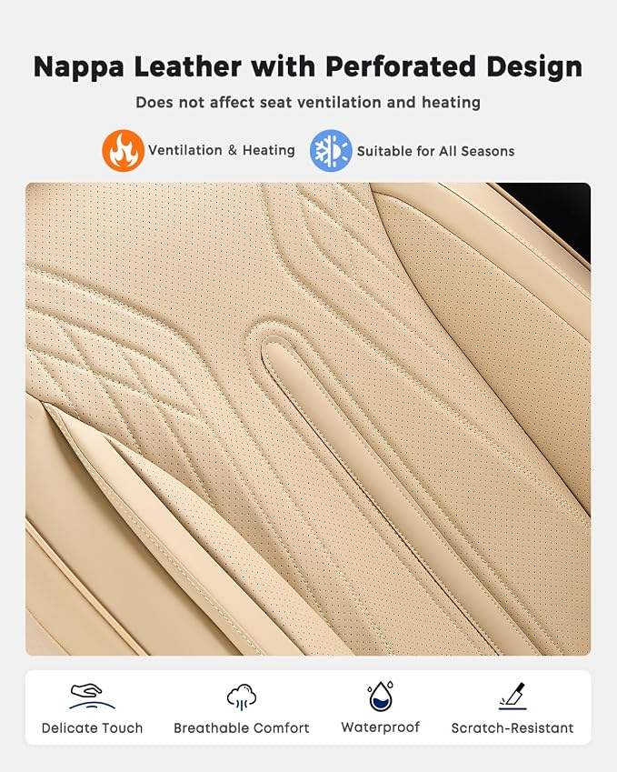 Huidasource Car Seat Covers Full Set, Universal Fit for Most Cars SUV Trucks, Full Coverage Nappa Leather Seat Cover, Airbag, Cupholder Compatible, Velcro Adjustable, Seat Function Retain, Beige