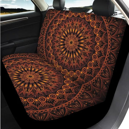 14 Pcs Orange Mandala Car Seat Covers Full Set with Auto Steering Wheel Cover Armrest Cushion Protector Seat Belt Covers,Flower Automotive Interior Sets Universal Fit Cars SUV Truckss