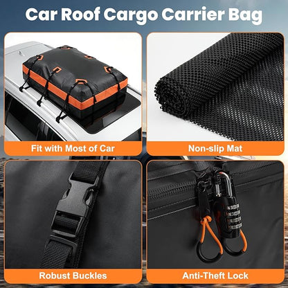 DUMOS Car Rooftop Cargo Carrier 15 Cubic Feet, Car Roof Waterproof PVC Bag, with Anti-Slip Mat, Combination Luggage Lock, Reinforced Straps & Door Hooks, Fit Vehicles with/Without Roof Racks