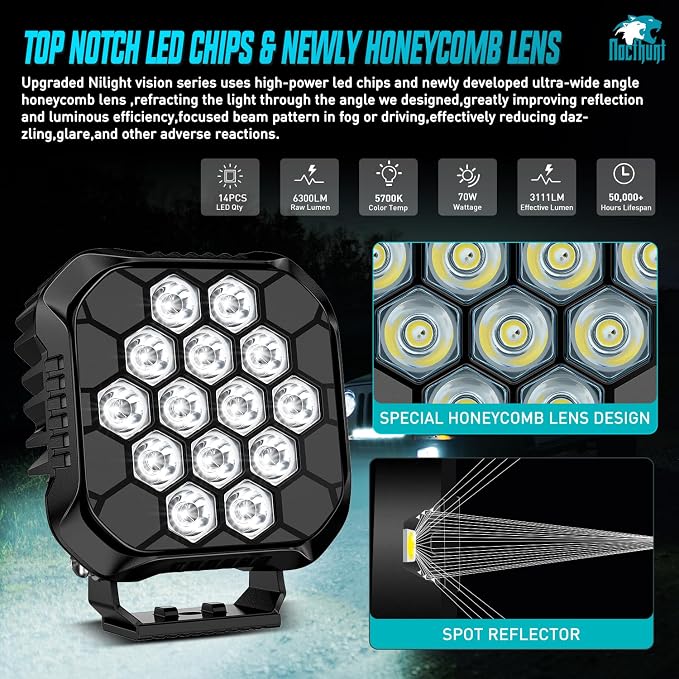 Nilight LED Pod Light 2 PCS 4.4 Inch 70 W 14 LED Square Hyper Spot Beam Offroad Driving Lights w/14 AWG Rocker Switch Wiring Harness Kit for Truck Motorbike Boat ATV UTV