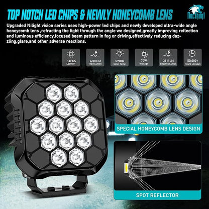 Nilight LED Pod Light 2 PCS 4.4 Inch 70 W 14 LED Square Hyper Spot Beam Offroad Driving Lights w/14 AWG Rocker Switch Wiring Harness Kit for Truck Motorbike Boat ATV UTV