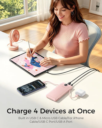 VEGER Portable Charger with Built-in AC Plug and Cables, All in One 10000mAh Ultra Slim Power Bank Travel Essentials, Fast Charging Battery Pack Compatible with iPhone, Samsung, Android, Crepe