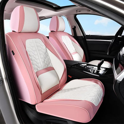 Huidasource Leather Seat Covers Front Seat, Pink & White Car Seat Covers Universal Fit for Most Cars SUV Trucks, Waterproof Automotive Car Seat Cushion Cover Protector with Lumbar Support