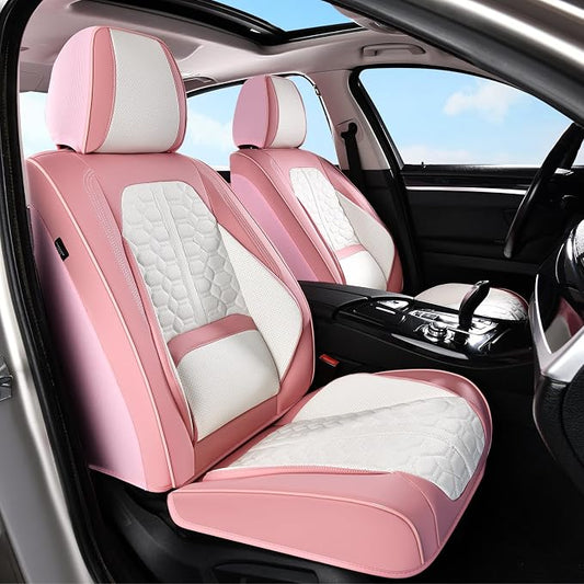 Huidasource Leather Seat Covers Front Seat, Pink & White Car Seat Covers Universal Fit for Most Cars SUV Trucks, Waterproof Automotive Car Seat Cushion Cover Protector with Lumbar Support