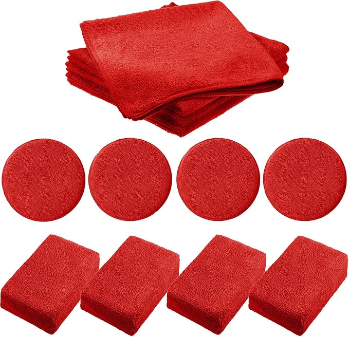 12 Pack Microfiber Applicator Pad Microfiber Sponge for Car Include Round Wax Microfiber Applicator Rectangle Car Drying Towel Exterior Auto Detailing Kit for Cleaning (Red)