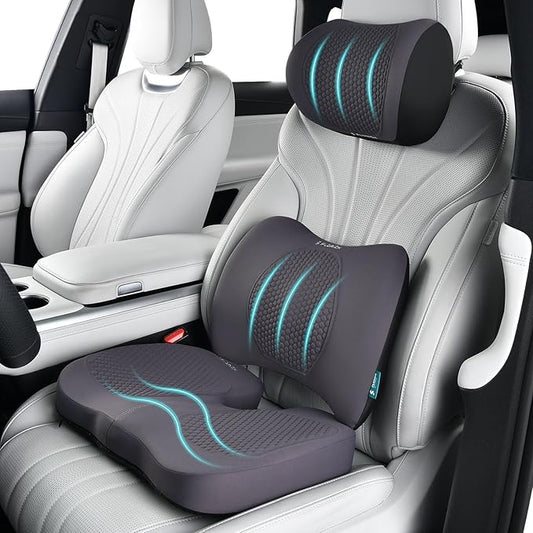 FLORICH 3 PCS Seat Cushion for Carseat Lumbar Support Pillow Car Neck Headrest Pillows Memory Foam Gel Memory Foam Massage Point Seat Pads Pressure Relief Back Cushion for Office Chair(Grey)