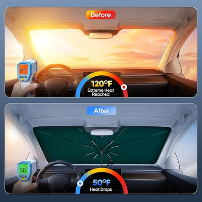 EcoNour Premium Umbrella Windshield Sun Shade for Car | Foldable UV Blocker Front Windshield Sunshade | Umbrella Shade Accessories with Storage Pouch | Full Size SUVs &MPV| Large - 61"x35"