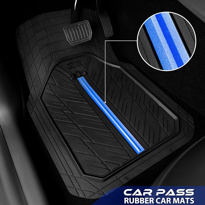 CAR PASS Rubber Floor Mats for Cars, Car Mats Full Sets DeepDish,Universal S~L Size Trim-to Fit Automotive Floor Mat for Truck Van SUV, Heavy Duty Waterproof All-Weather Floor liner Durable Black Blue