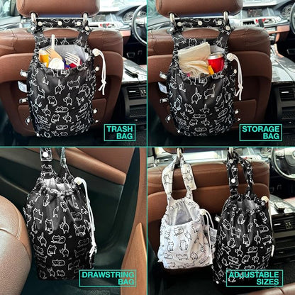 Leak-Proof Waterproof Car Trash Bag Foldable Multipurpose Trash bin Container Storage Cute Grocery Organizer Bag for Automotive Front or Back Seat in Cars SUVs and Trucks (Black Cats)